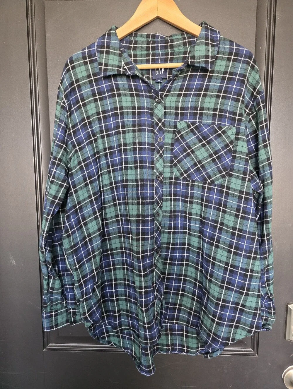 Gap XXL Blue Green Plaid Flannel Button Front Shirt Oversized Pocket Top Women